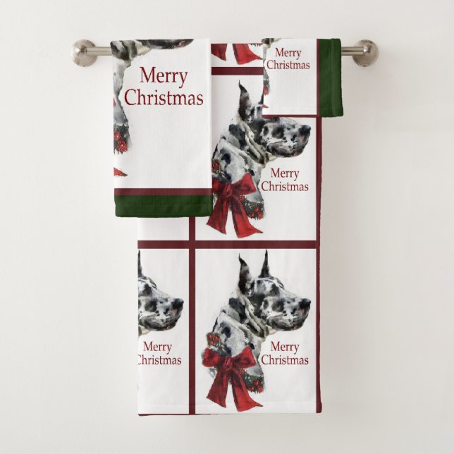 Harlequin Great Dane Christmas Bath Towel Set (Insitu)