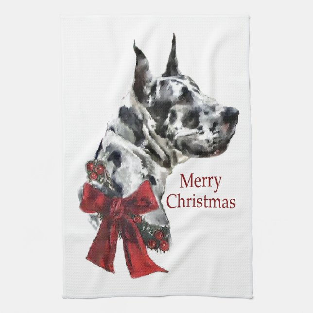 Harlequin Great Dane Christmas Tea Towel (Vertical)