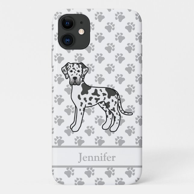 Harlequin Great Dane Cute Cartoon Dog & Name Case-Mate iPhone Case (Back)