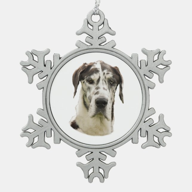 Harlequin Great Dane dog photo Snowflake Pewter Christmas Ornament (Front)