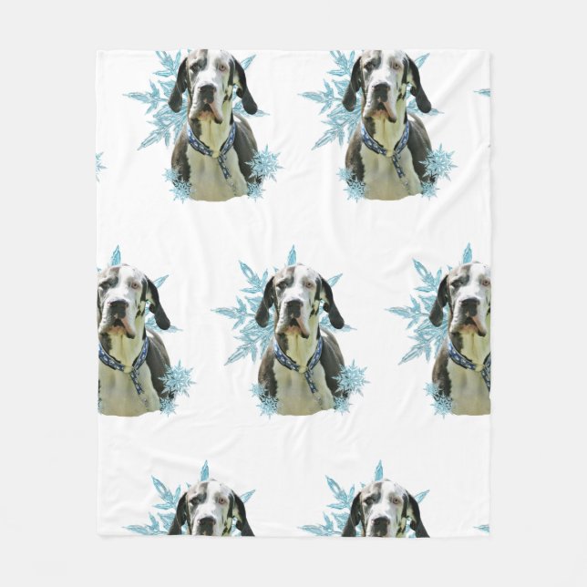 Harlequin Great Dane in the Snowflakes  Fleece Blanket (Front)