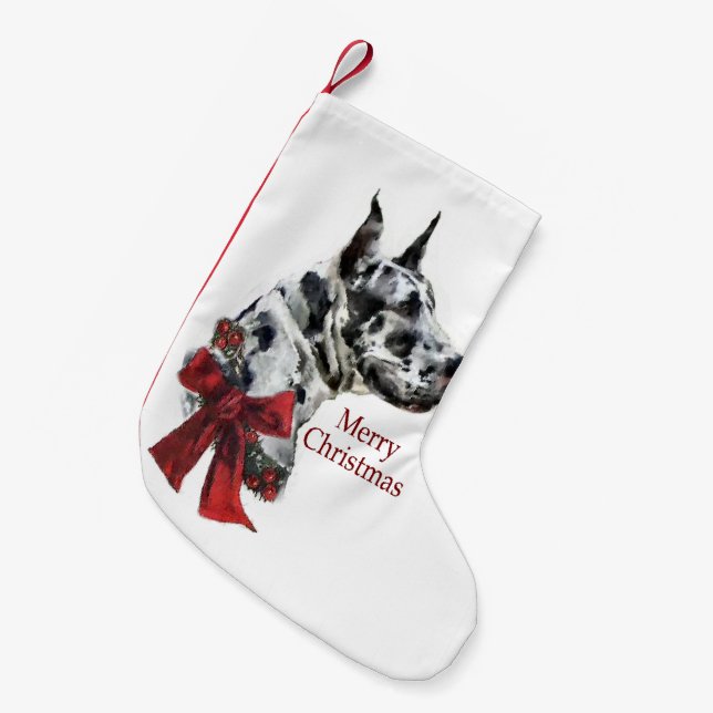 Harlequin Great Dane Merry Christmas Small Christmas Stocking (Front (Hanging))