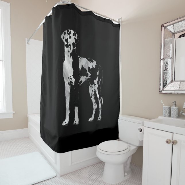 Harlequin Great Dane  -pearl and silver Shower Curtain (In Situ)