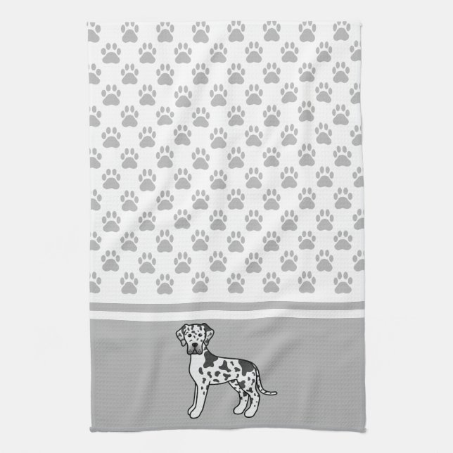 Harlequin Great Dane With Grey Paws Pattern Tea Towel (Vertical)