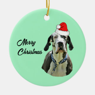 Harlequin Great Dane with Santa Hat   Ceramic Tree Decoration