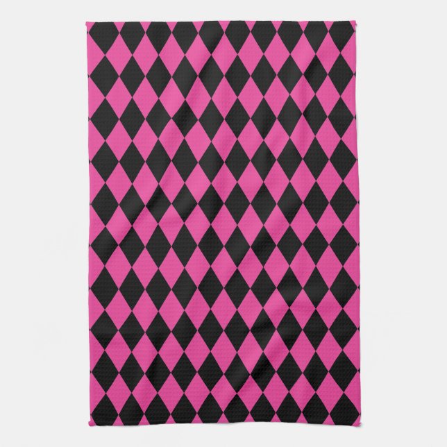 Harlequin Hot Pink and Black Tea Towel (Vertical)