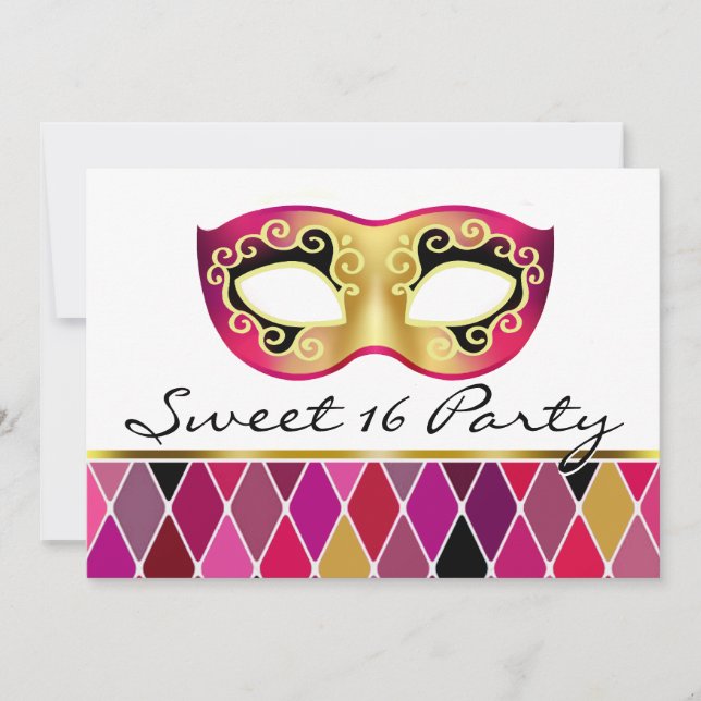 Harlequin Masquerade Sweet Sixteen Party (fuschia) Invitation (Front)