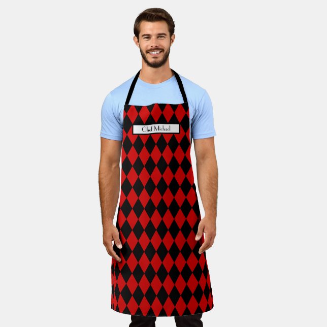 Harlequin Pattern DIY Colours Black Red SV Apron (Worn)