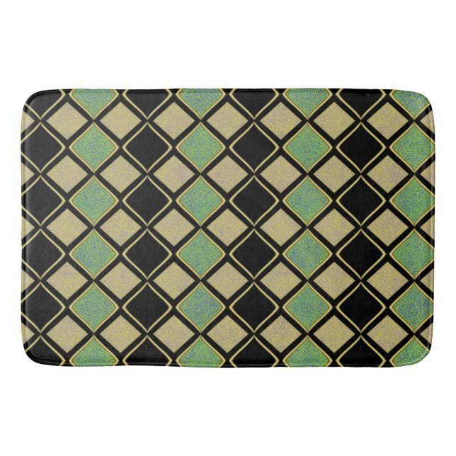 Harlequin Pattern in Gold, Green, and Black  Bath Mat (Front)