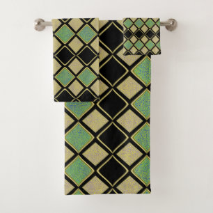 Harlequin Pattern in Gold, Green, and Black Bath Towel Set