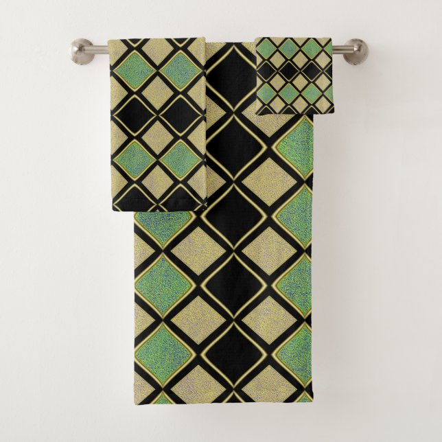 Harlequin Pattern in Gold, Green, and Black  Bath Towel Set (Insitu)