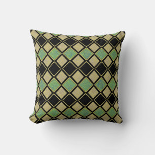 Harlequin Pattern in Gold, Green, and Black Cushion