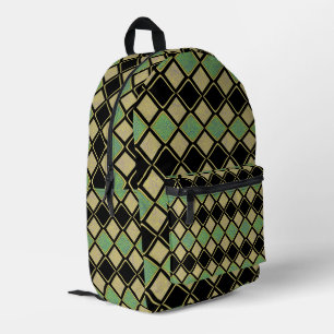Harlequin Pattern in Gold, Green, and Black Printed Backpack