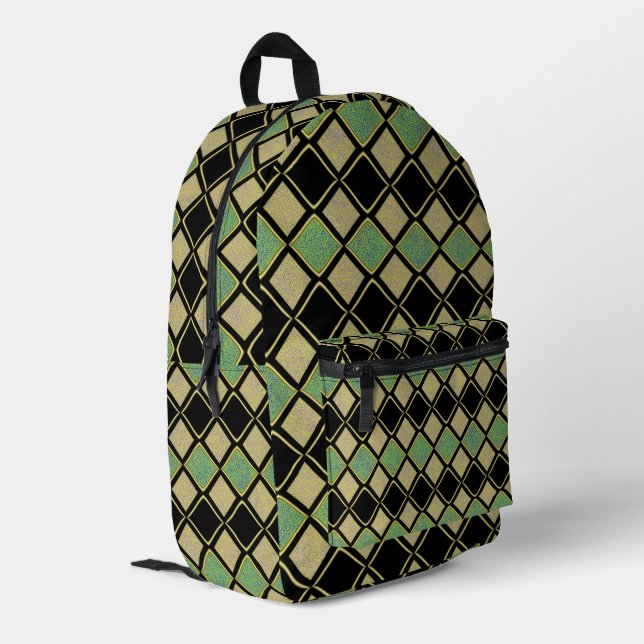 Harlequin Pattern in Gold, Green, and Black  Printed Backpack (Back Corner Left)