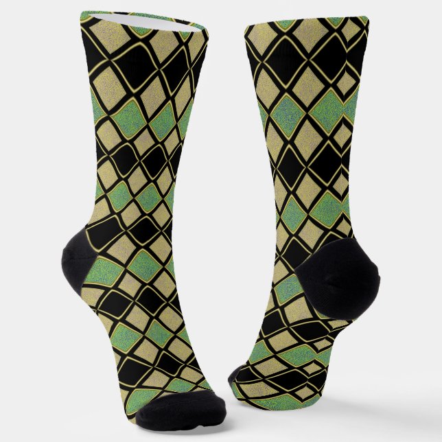 Harlequin Pattern in Gold, Green, and Black  Socks (Angled)