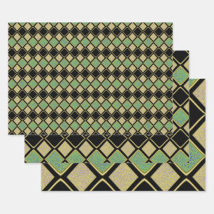 Harlequin Pattern in Gold, Green, and Black Wrapping Paper Sheet