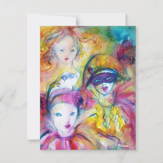 HARLEQUIN ,PIERO AND COLOMBINA Carnival Masks Invitation (Front)