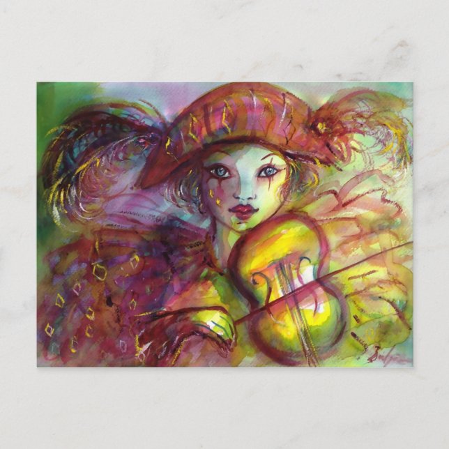 Harlequin Playing Violin, Masquerade Masks Postcard (Front)