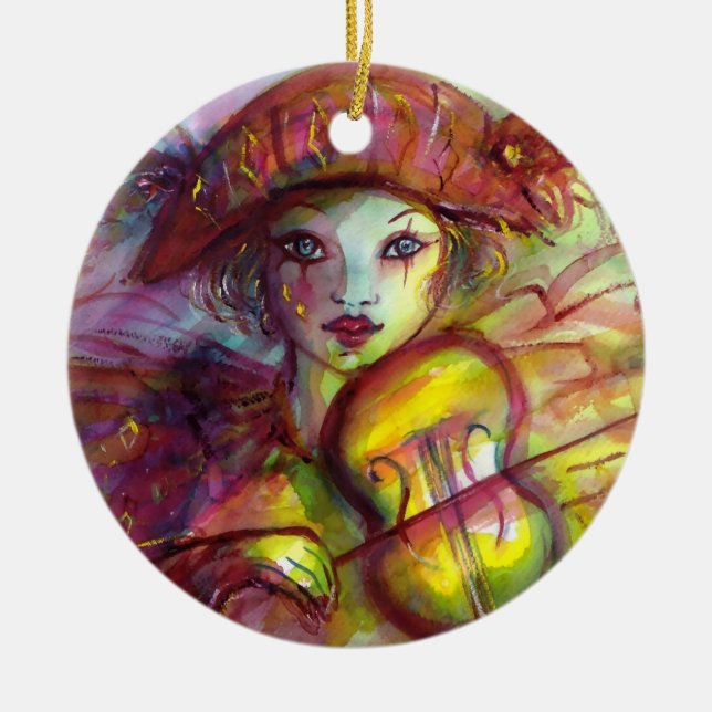 HARLEQUIN PLAYING VIOLIN Venetian Masquerade Ceramic Tree Decoration (Front)