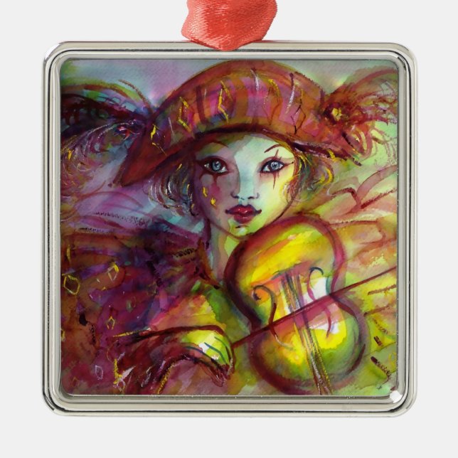 HARLEQUIN PLAYING VIOLIN Venetian Masquerade Metal Tree Decoration (Front)