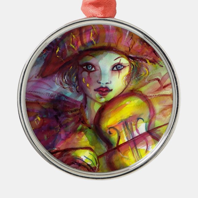 HARLEQUIN PLAYING VIOLIN Venetian Masquerade Metal Tree Decoration (Front)