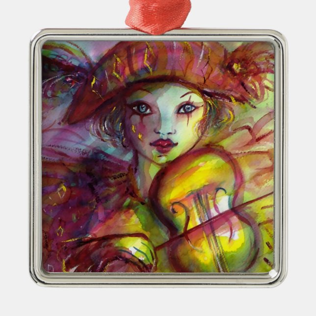 HARLEQUIN PLAYING VIOLIN Venetian Masquerade Metal Tree Decoration (Front)