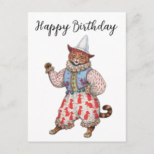 Harlequin Theatrical Costumed Cat Happy Birthday Postcard