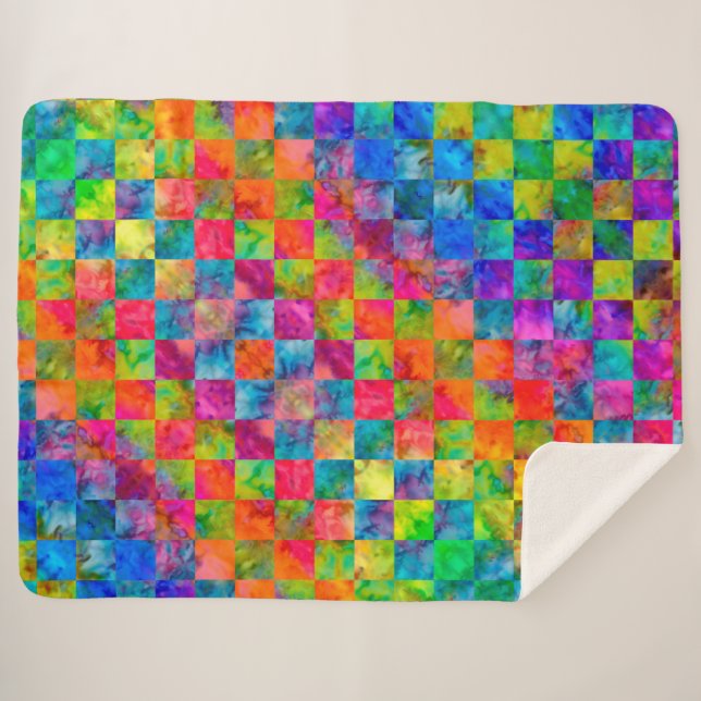 [Harlequin Tie-Dye] Diamond Fractal Chequered Sherpa Blanket (Front (Horizontal))