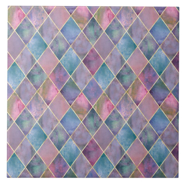 Harlequin Watercolor Diamond Geometric Pattern  Tile (Front)