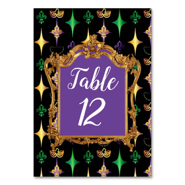 Harlequins Beads Mask Fleur de Lis Mardi Gras Table Number (Front)