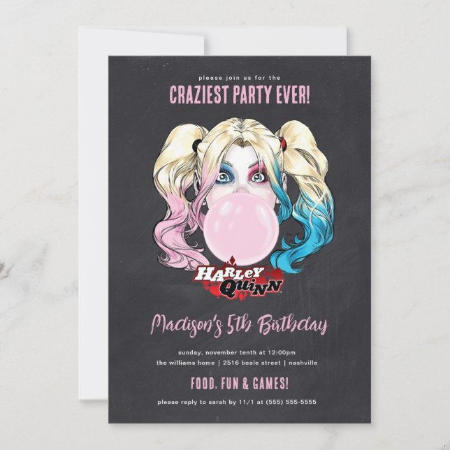 Harley Quinn Girls Chalkboard Birthday Invitation (Front)