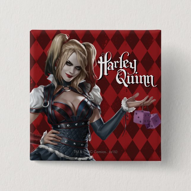 Harley Quinn With Fuzzy Dice 15 Cm Square Badge (Front)