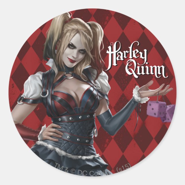 Harley Quinn With Fuzzy Dice Classic Round Sticker (Front)