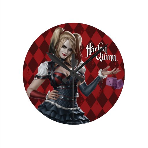 Image of Harley Quinn With Fuzzy Dice Round Clock