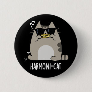 Harmoni-cat Funny Harmonica Cat Pun Dark BG 6 Cm Round Badge