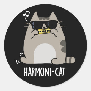Harmoni-cat Funny Harmonica Cat Pun Dark BG Classic Round Sticker