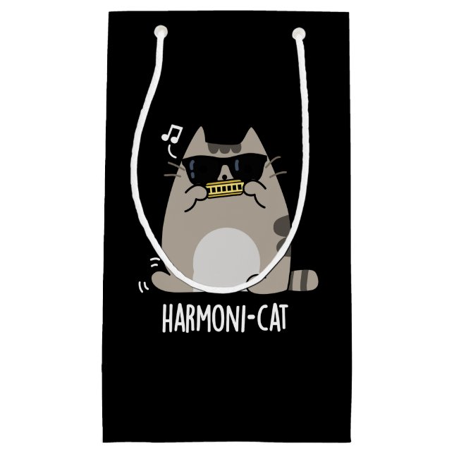 Harmoni-cat Funny Harmonica Cat Pun Dark BG Small Gift Bag (Front)
