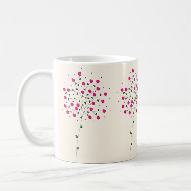 Harmonic Pink Flowers with Green Leaves Art Coffee Mug (Left)