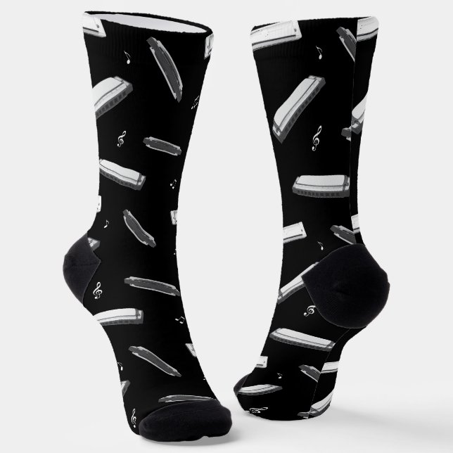Harmonica Mouth Organ Pattern on Black Socks (Angled)