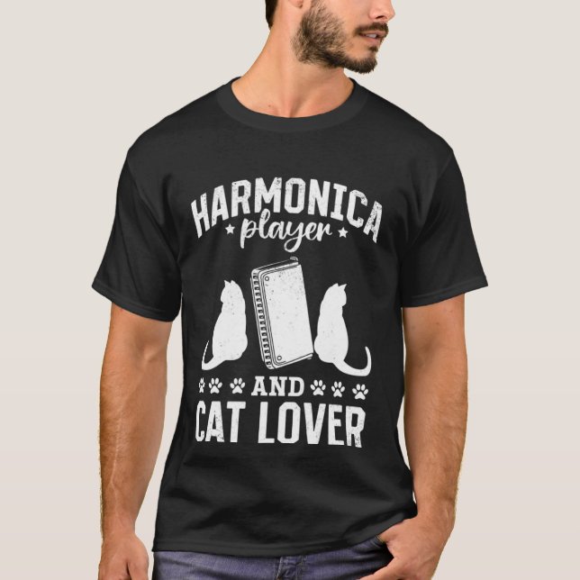 Harmonica Player And Cat  Harmonica Mouth Organ Pl T-Shirt (Front)