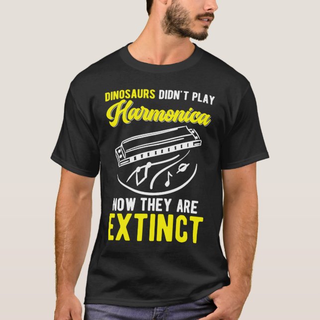 Harmonica Player Dinosaur Joke Harmonicist T-Shirt (Front)