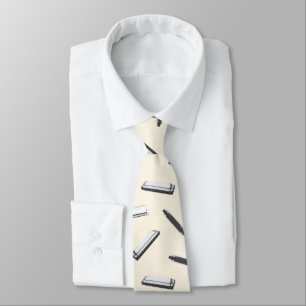Harmonica Player Mouth Organ Music Notes Pattern Tie