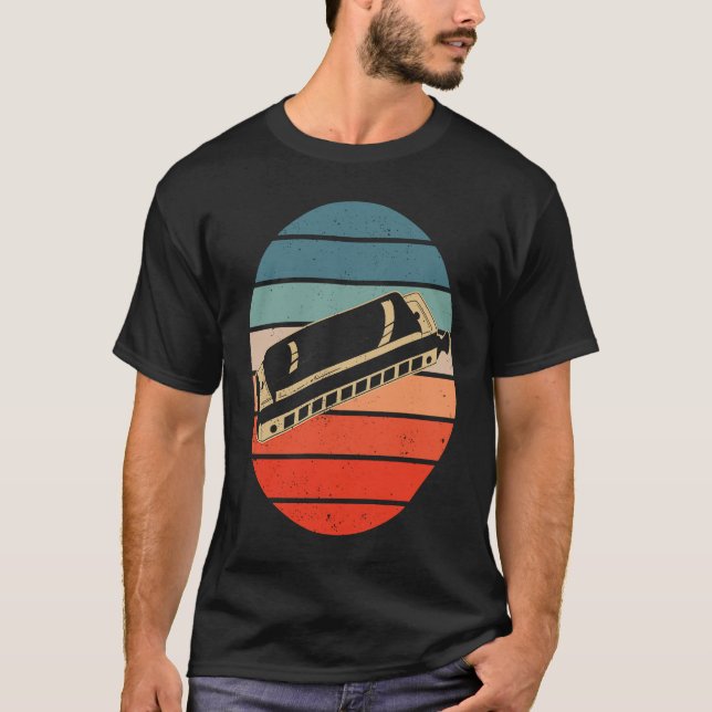Harmonica Player Retro Sunset Harp T-Shirt (Front)