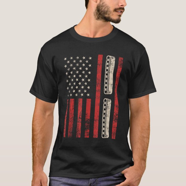 Harmonica Vintage American Flag Patriotic Harmonic T-Shirt (Front)