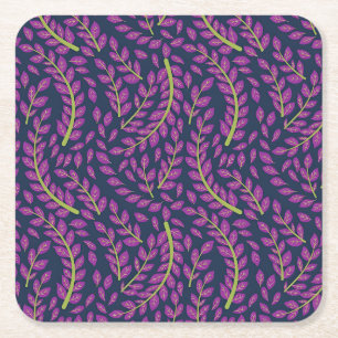 Harmonious Botanical Art on Dark Blue Background Square Paper Coaster