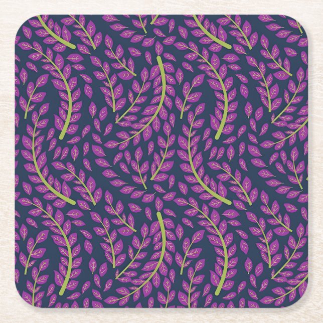 Harmonious Botanical Art on Dark Blue Background Square Paper Coaster (Front)