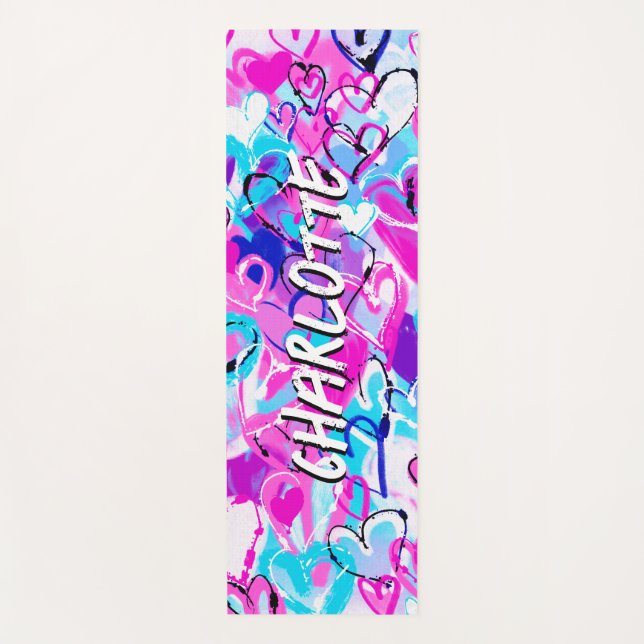 Harmonious Delight: Blue and Pink Graffiti Hearts Yoga Mat (Front)