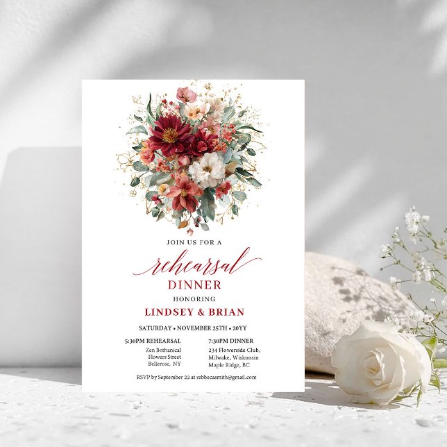 Harmonious Maroon Floral Rehearsal Dinner Invites (Harmonious Maroon Floral Rehearsal Dinner Invitation

)