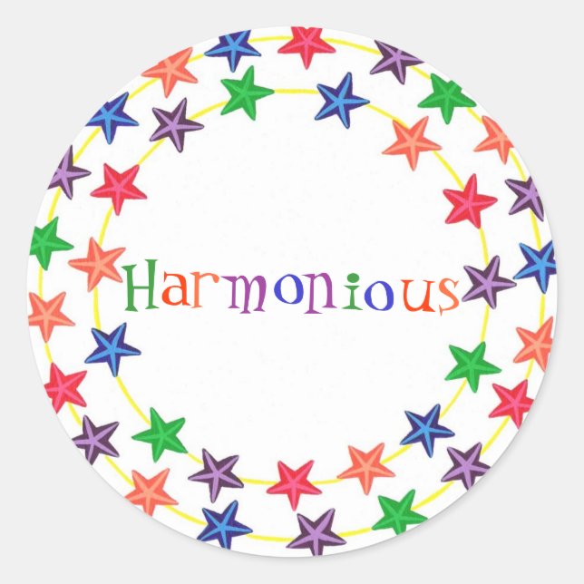 Harmonious stickers, in circles of colourful stars classic round sticker (Front)