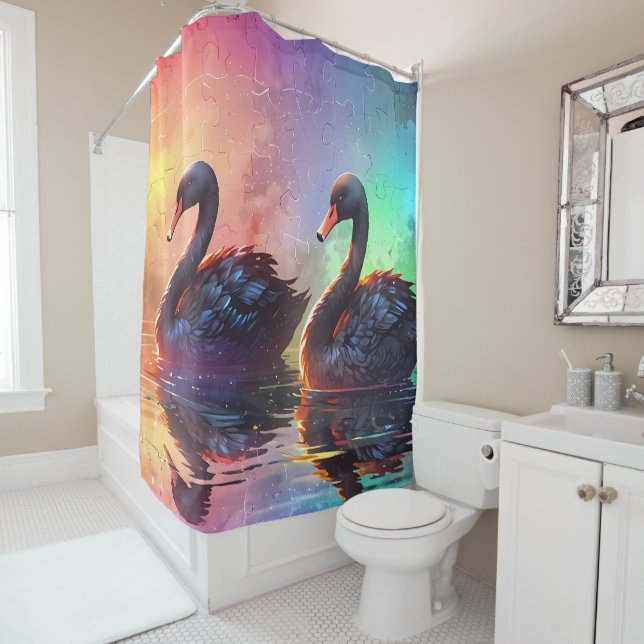 Harmony in Colour: Canada Geese on a Rainbow Pond Shower Curtain (In Situ)